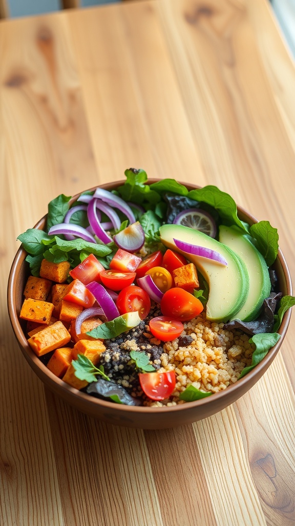 A colorful vegan Buddha bowl with quinoa, sweet potatoes, avocado, and vegetables arranged beautifully.